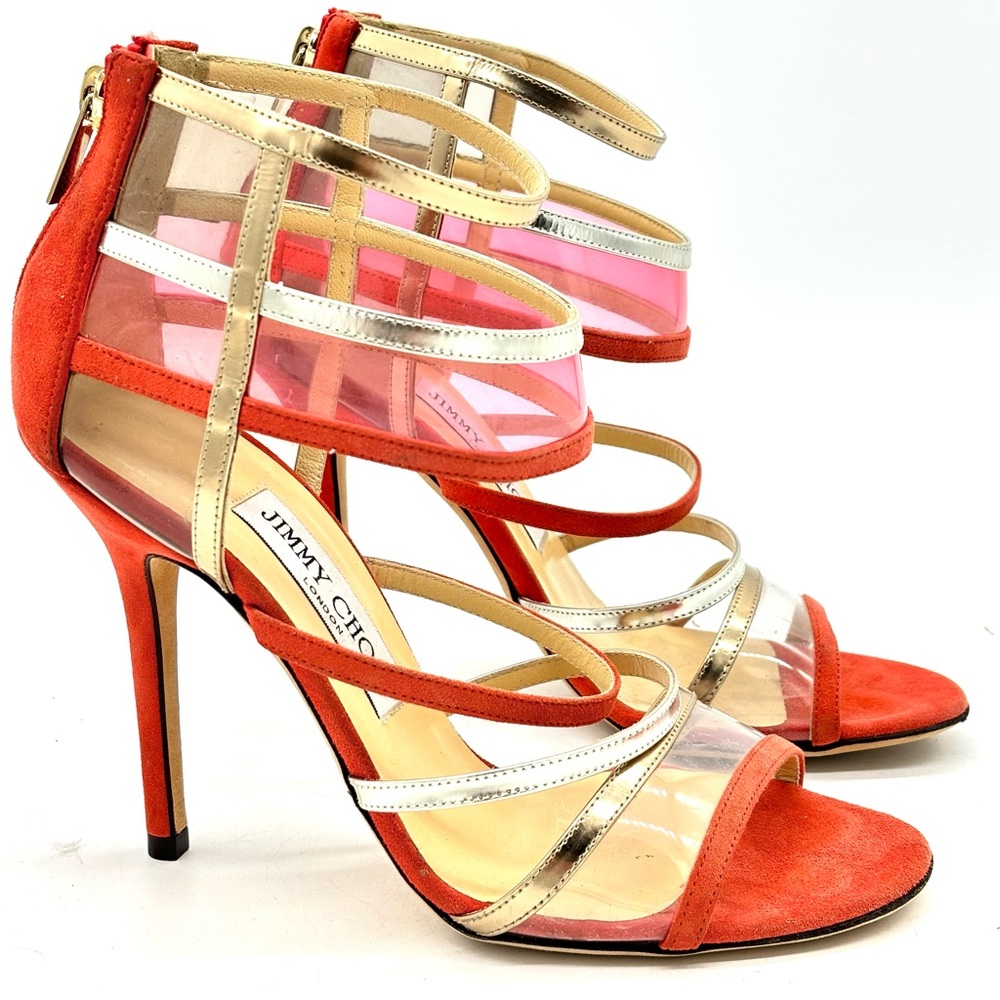 Jimmy Choo Orange Suede Leather Strappy Heels Zipper